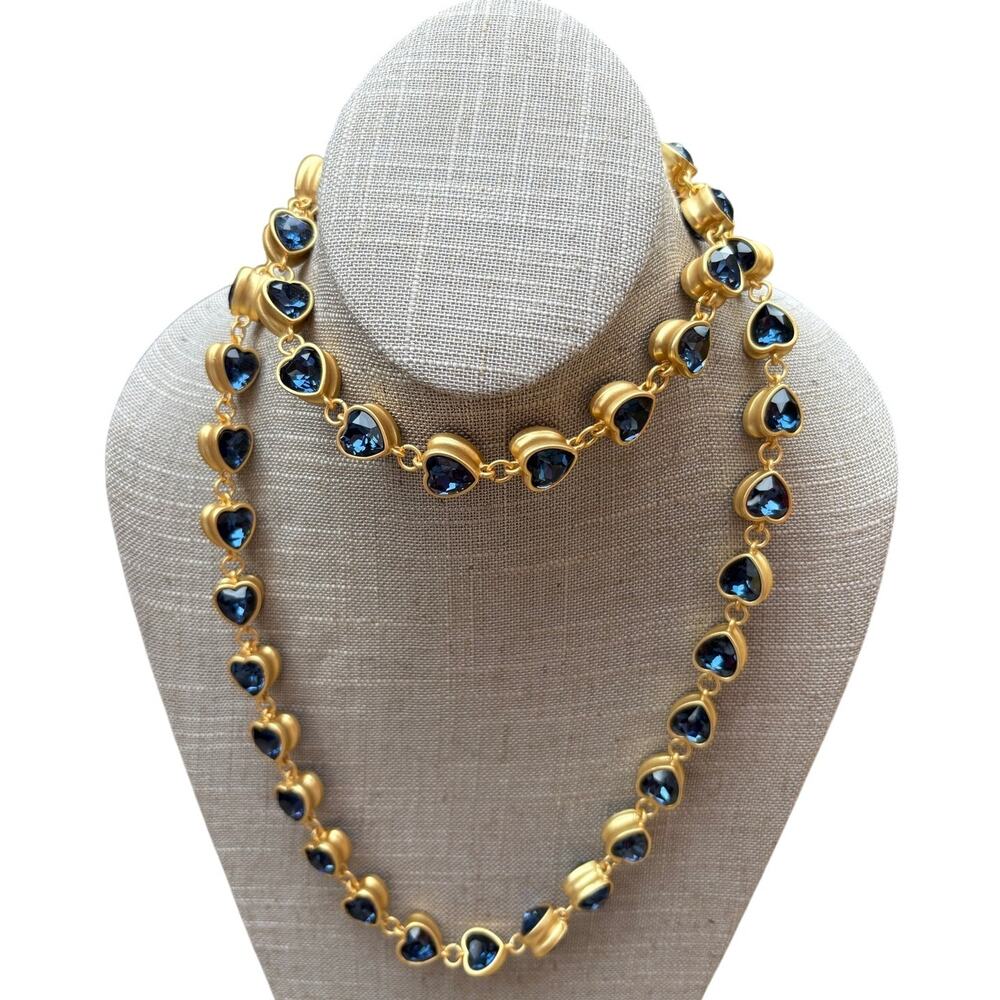 Catwalk Jon Sapphire Blue Glass Heart Necklace 18K Gold Over Brass NWOT